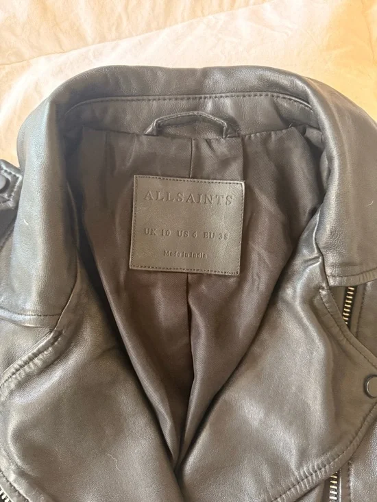 All Saints Black Leather Moto Jacket with Belt - Picture 2 of 8